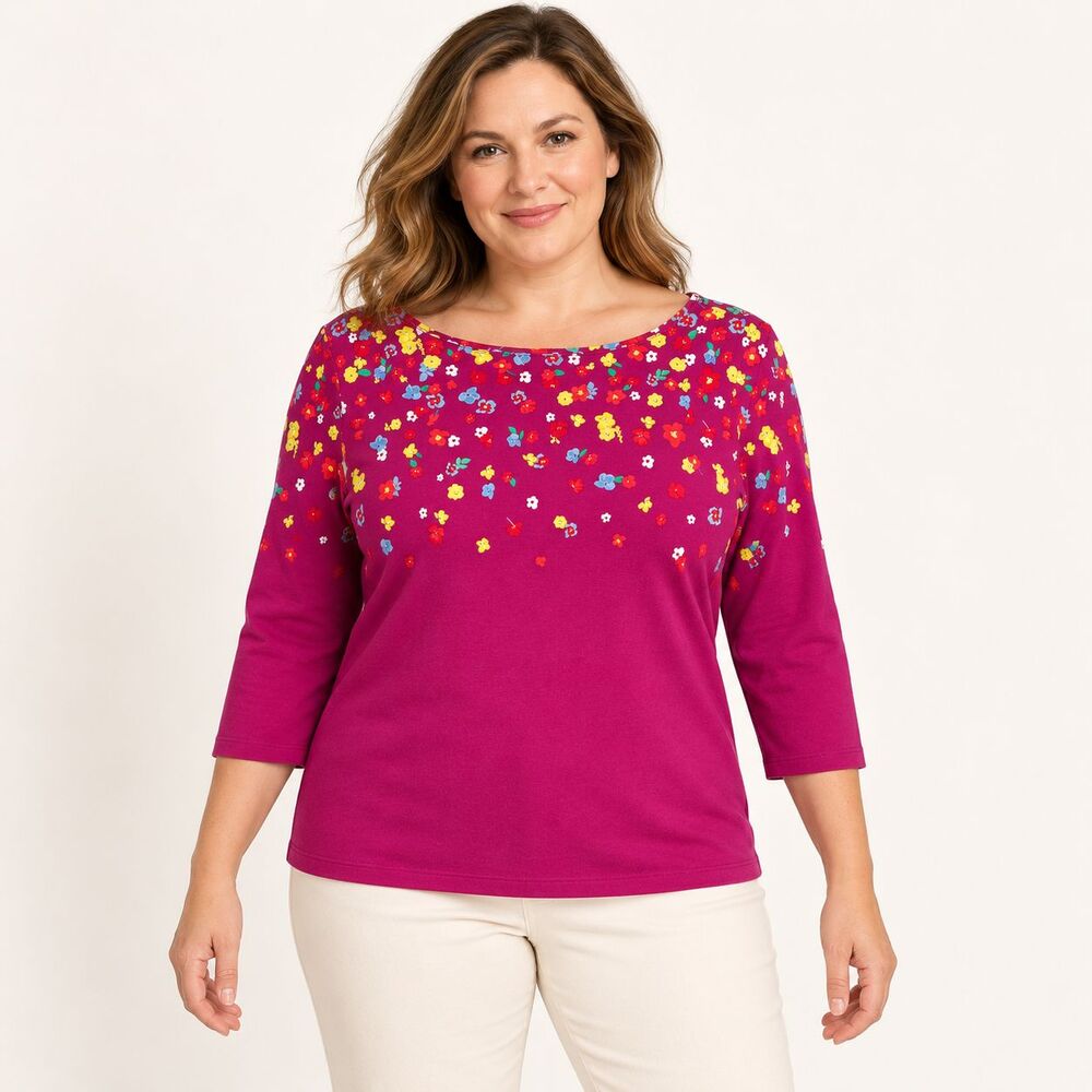 Talbots Tee Womens Petite XL Pink Floral 3/4 Sleeve Boat Neck Cotton Stretch Top